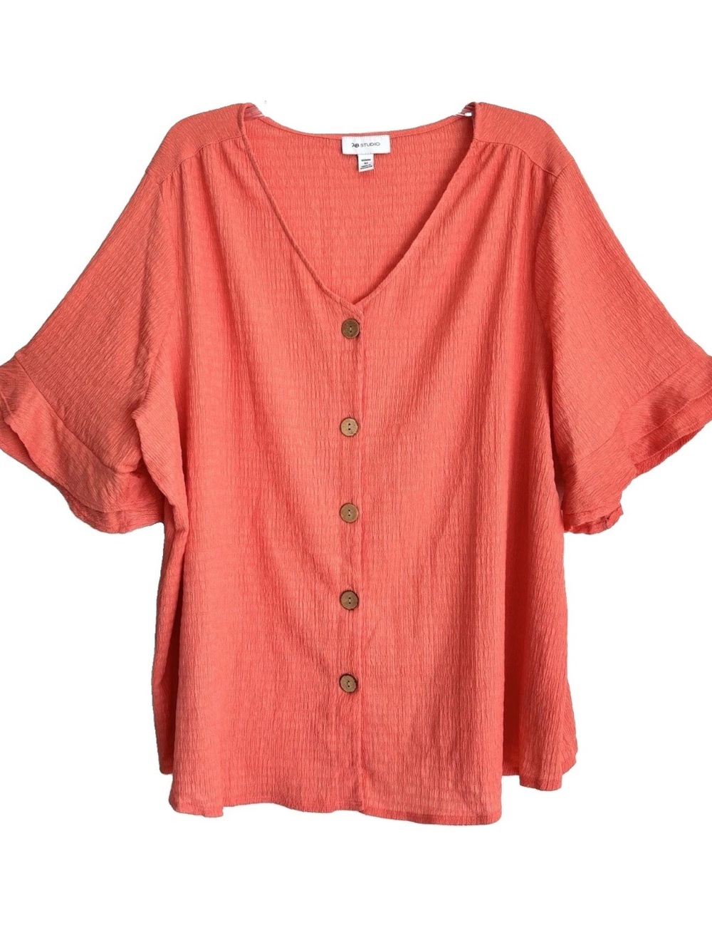 NWT AB STUDIO Orange Button Down Blouse Short Ruffle Sleeves